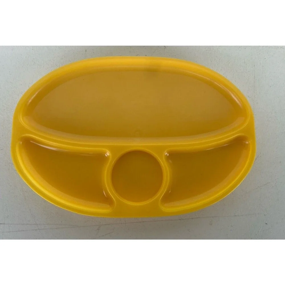 Vintage 1970s Yellow Plastic Divided Snack Trays Cup Holder Plates Set of 4
